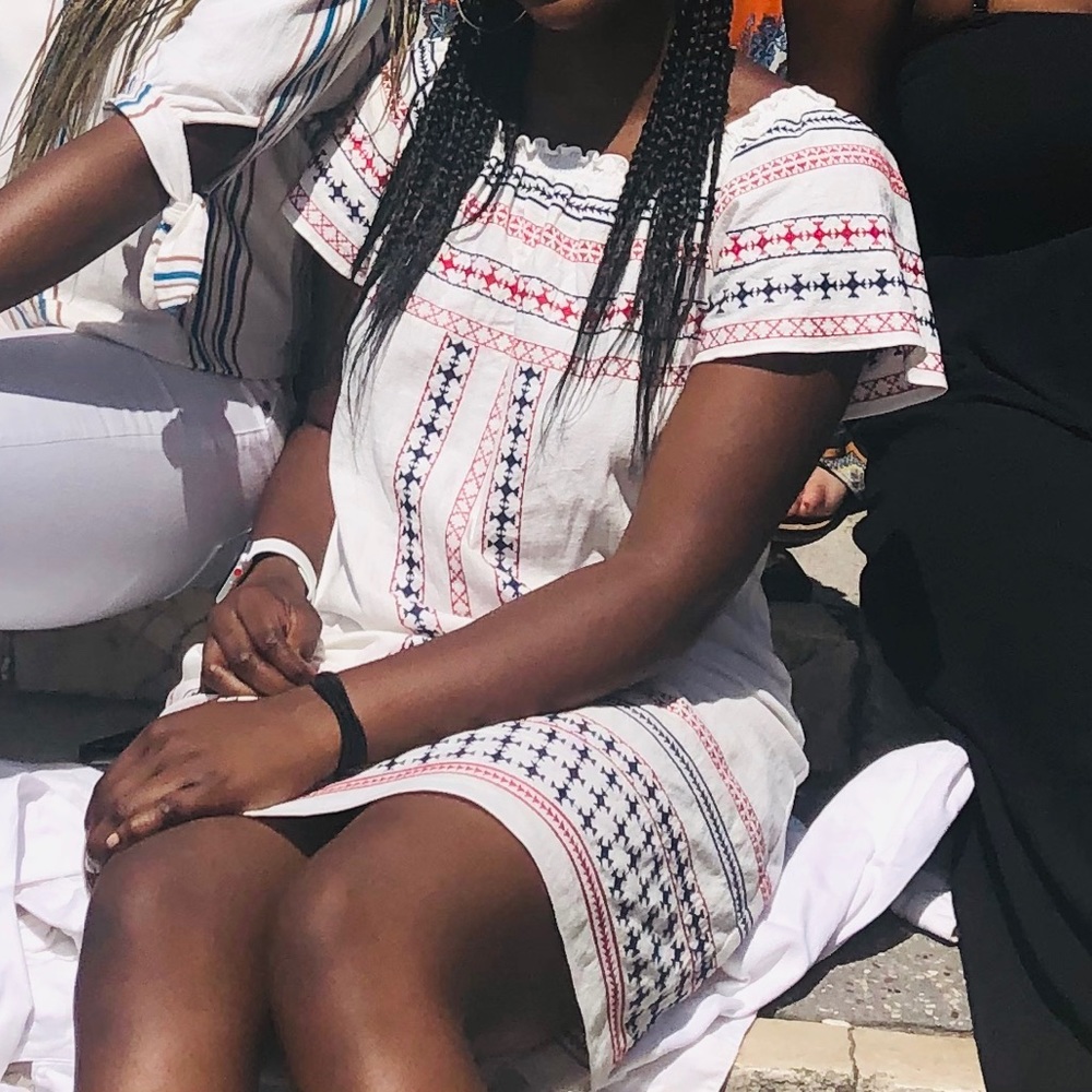 Red white and blue off the shoulder dress